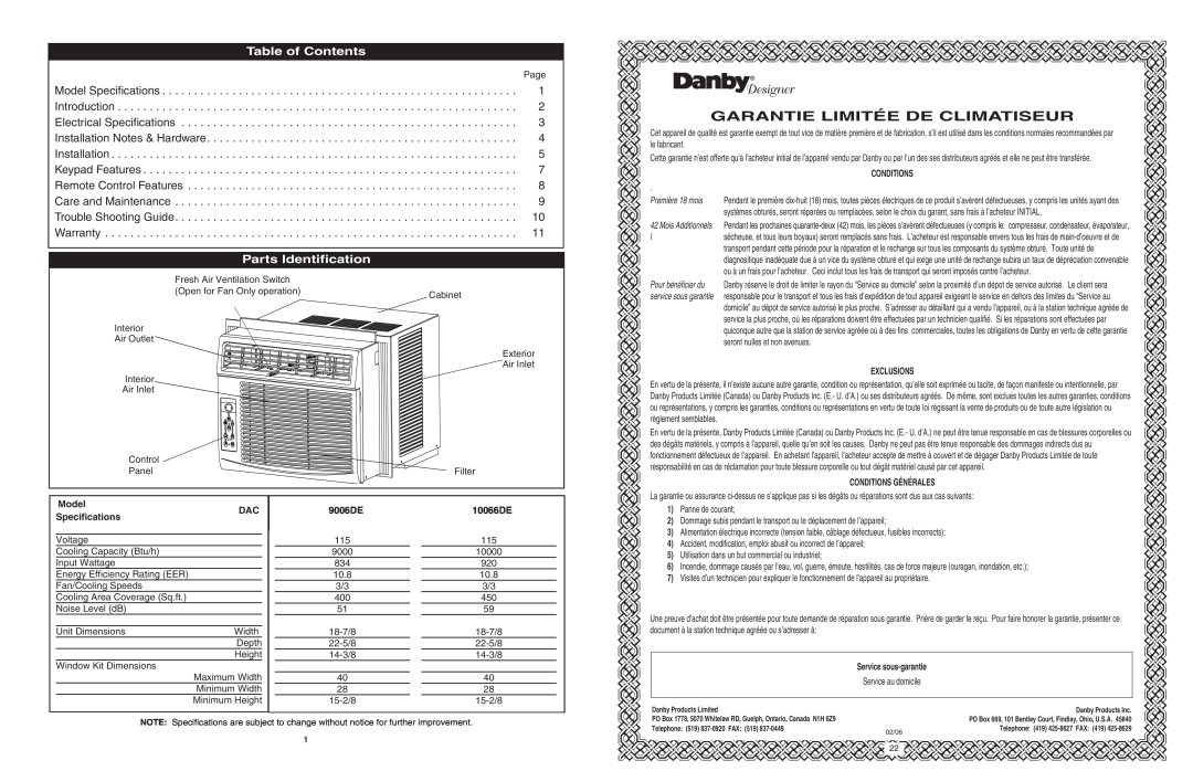 Danby DAC9006DE Garantie Limitée De Climatiseur, Table of Contents, Parts Identification, Model Specifications, Warranty 