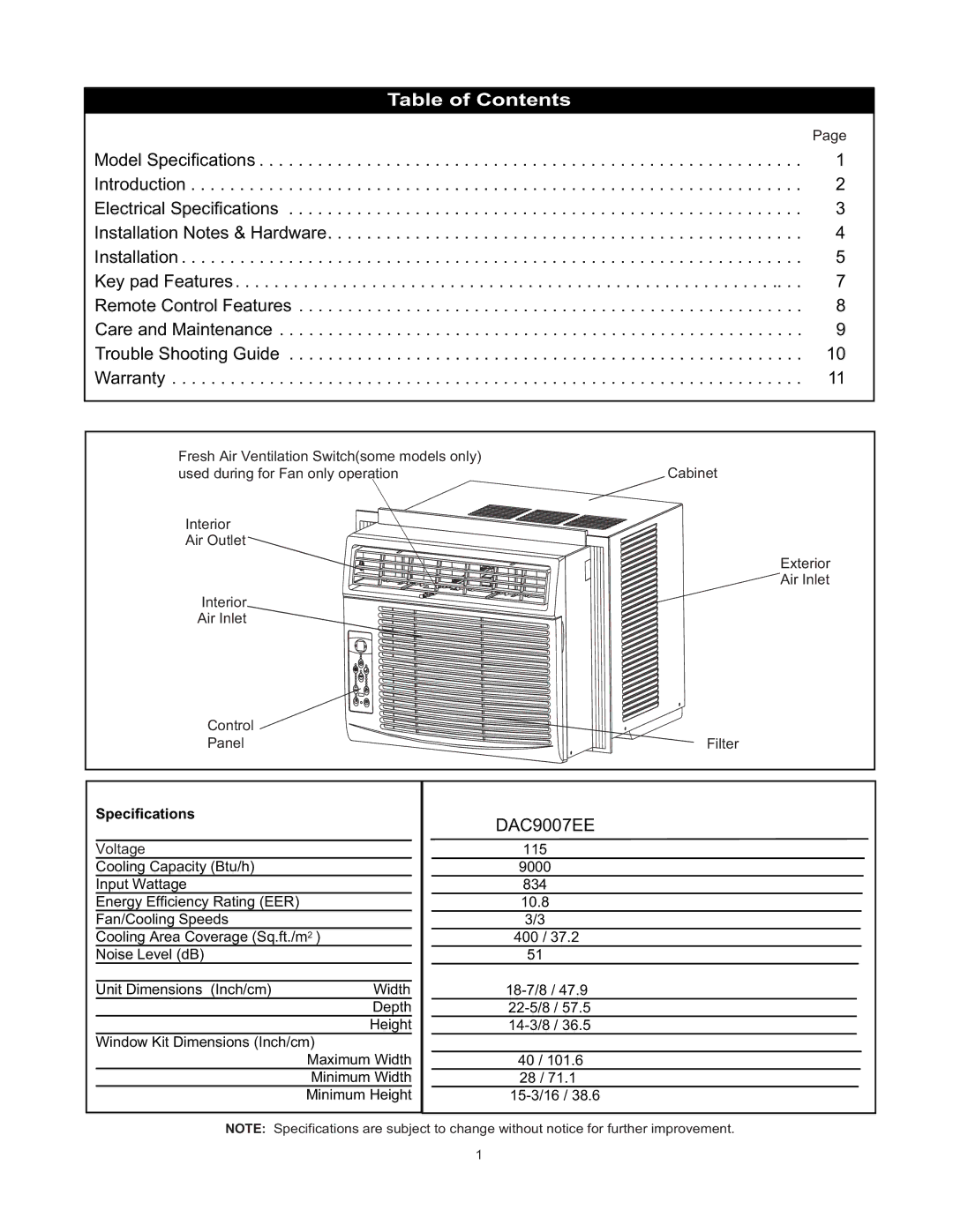 Danby DAC9007EE manual 3DUWV,GHQWLILFDWLRQ, 7DEOHRI&RQWHQWV 