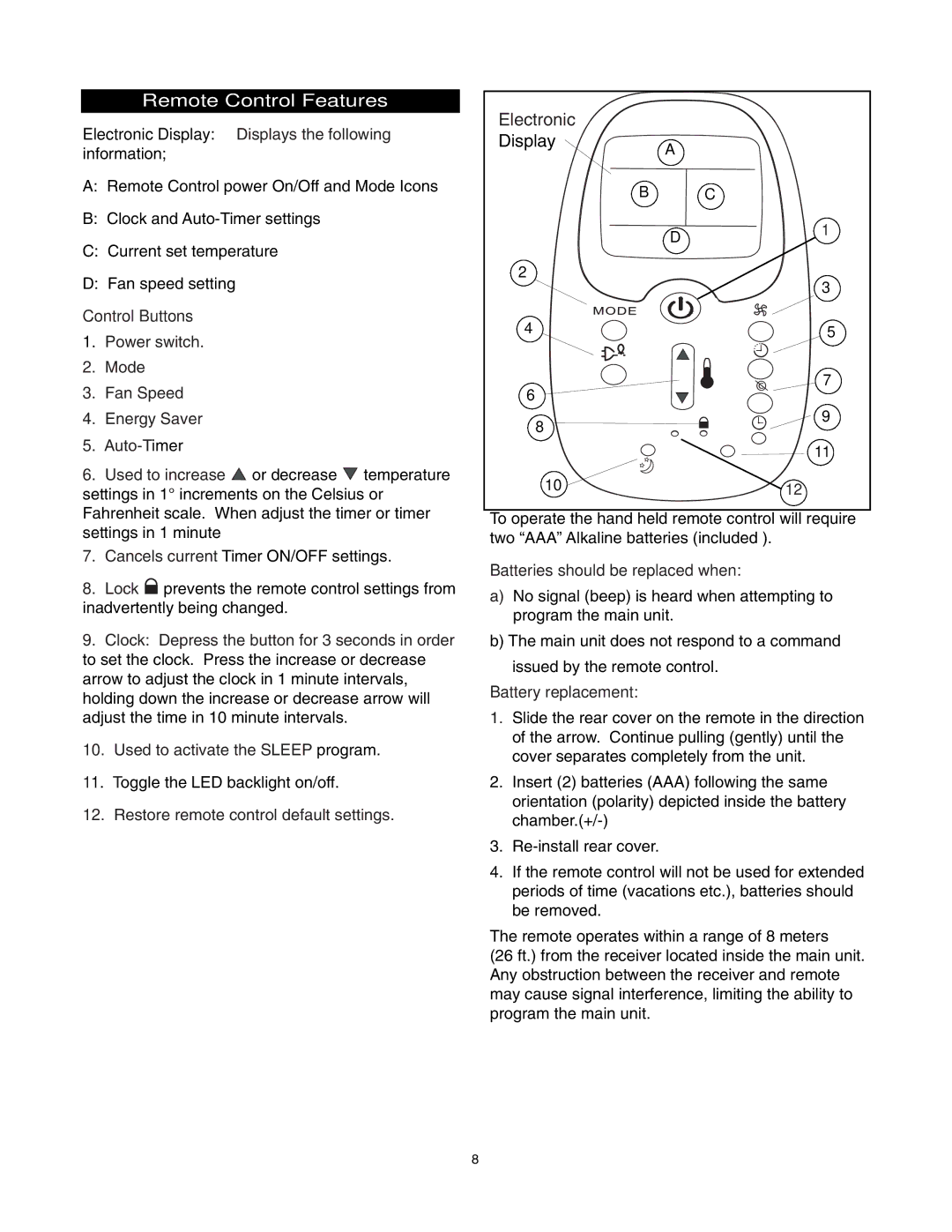 Danby DAC9007EE manual Remote Control Features, Electronic Display 