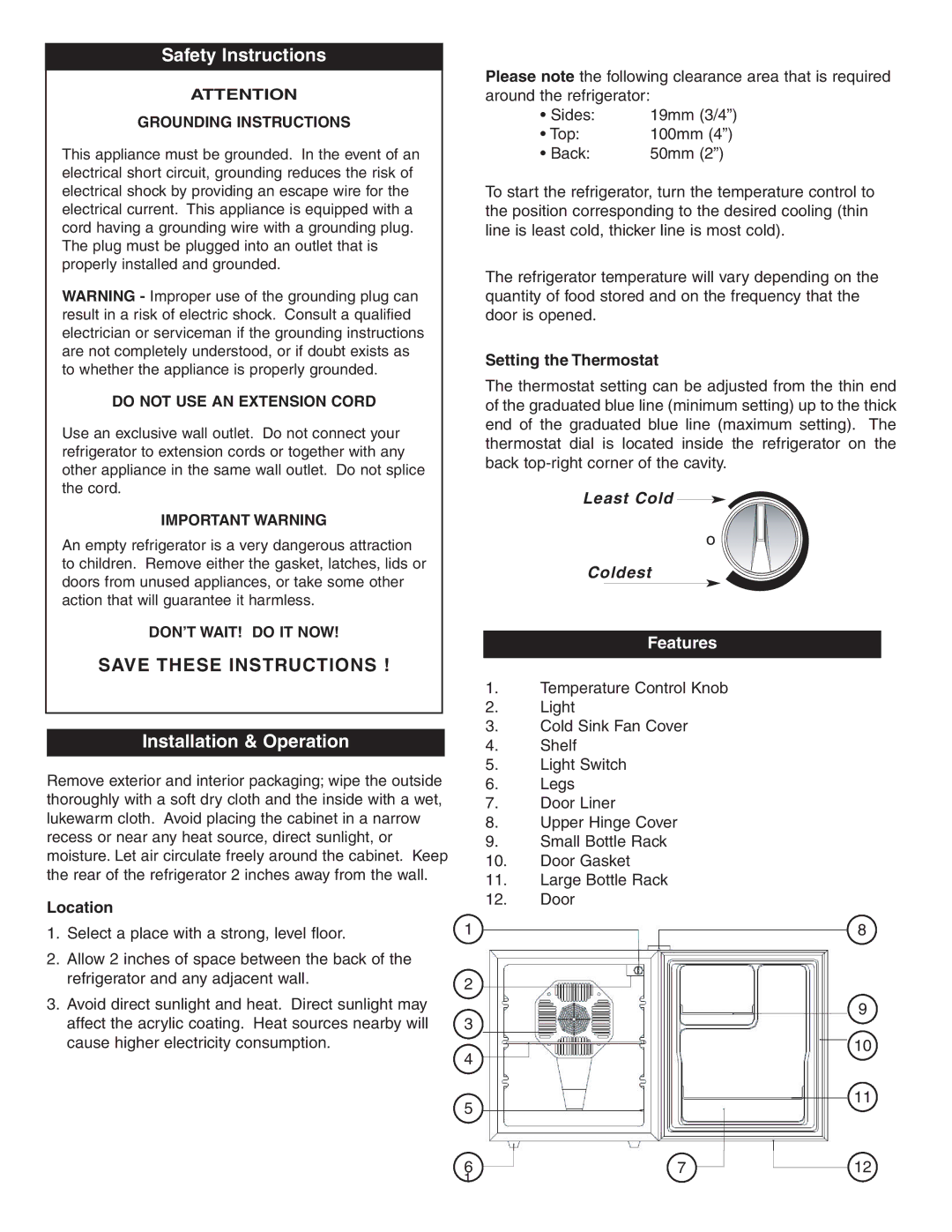 Danby DAR0488W, DAR0488BL Safety Instructions, Installation & Operation, Location, Setting the Thermostat, Features 