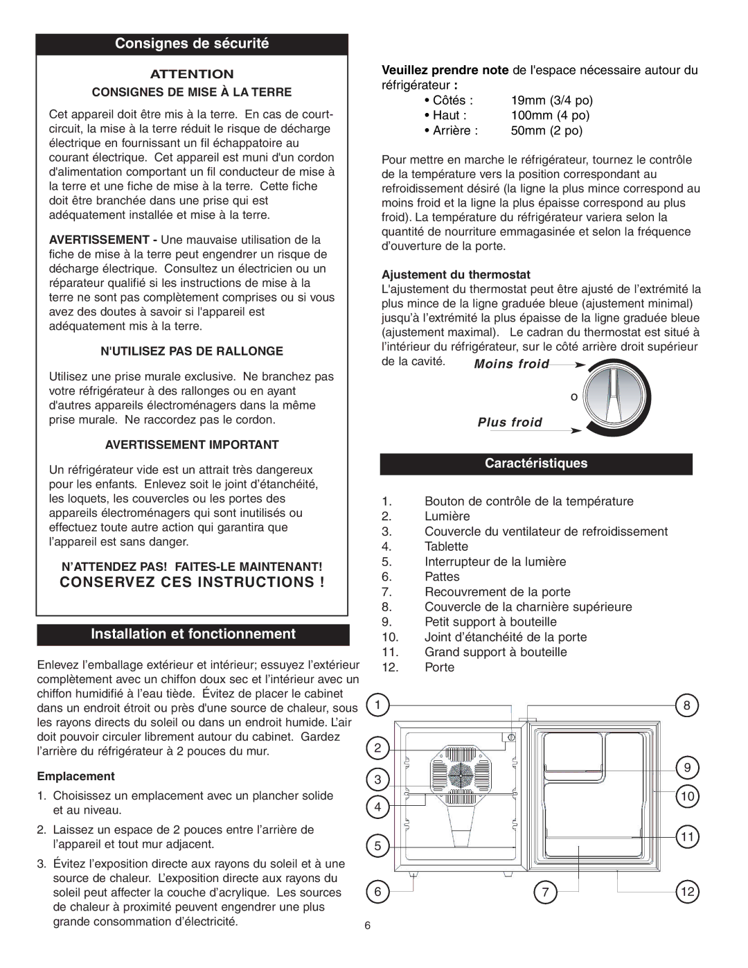 Danby DAR0488W, DAR0488BL owner manual Consignes de sécurité, Installation et fonctionnement 