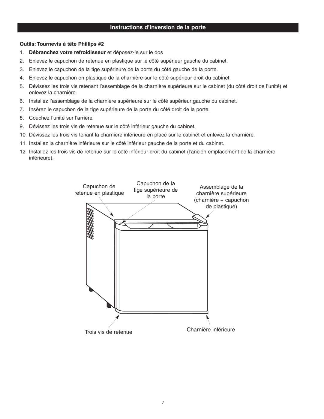 Danby DAR0488BL, DAR0488W owner manual Instructions d’inversion de la porte 