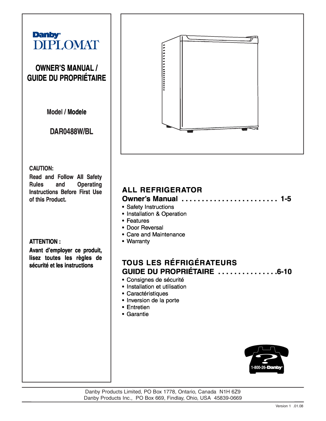 Danby DAR0488BL owner manual DAR0488W/BL, Guide Du Propriétaire, Model / Modele 