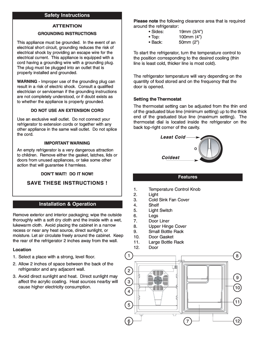 Danby DAR0488W Safety Instructions, Save These Instructions, Installation & Operation, Location, Setting the Thermostat 