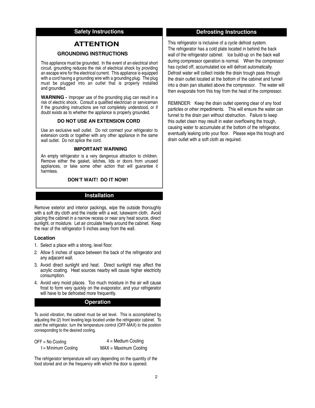 Danby DAR1102W manual Safety Instructions, Installation, Operation, Defrosting Instructions, Location 