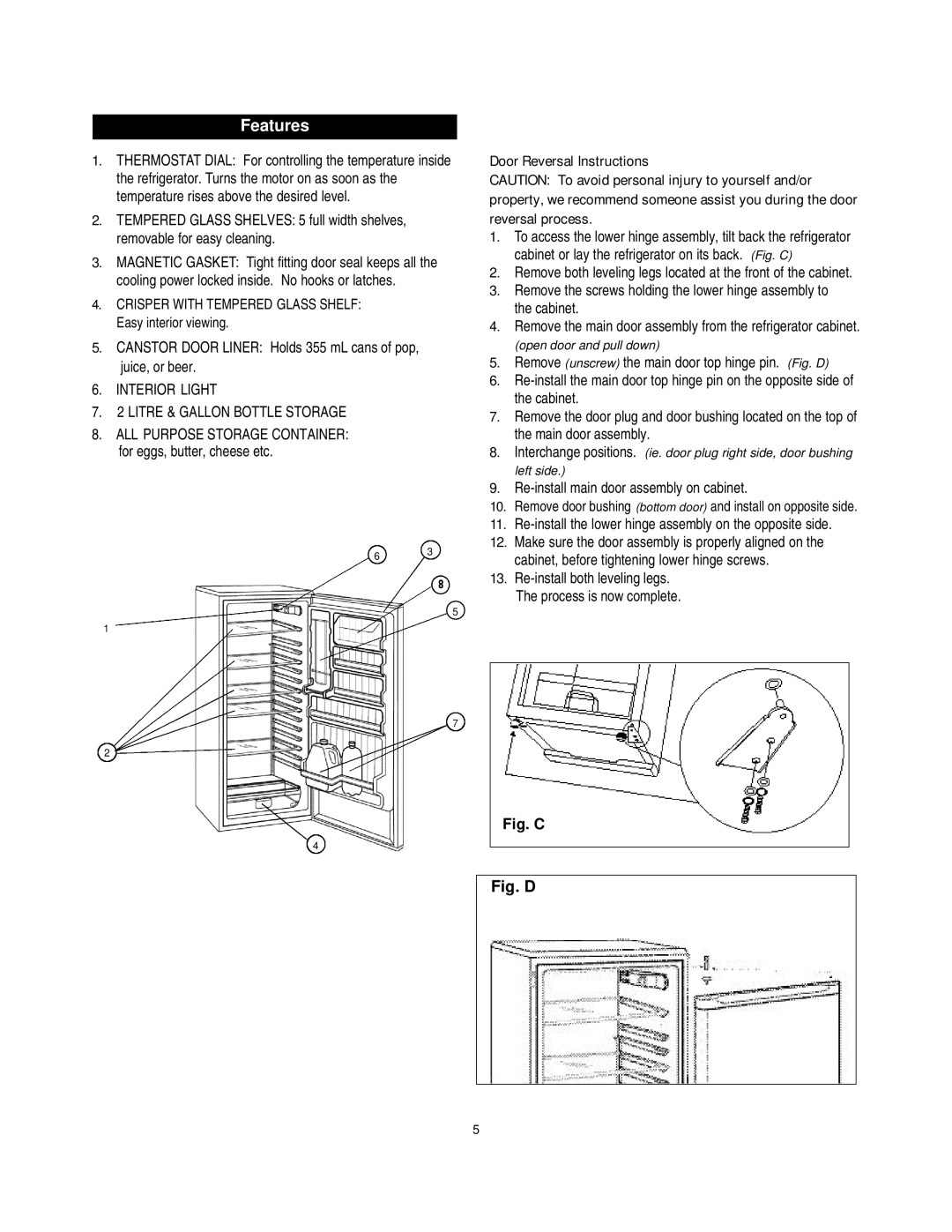 Danby DAR1102W manual Features, Door Reversal Instructions 