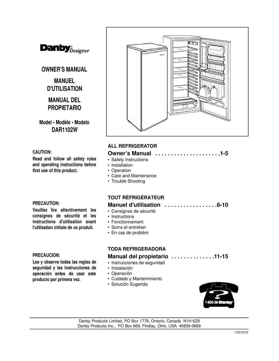 Danby DAR1102W manual Manuel Dutilisation Manual DEL Propietario 