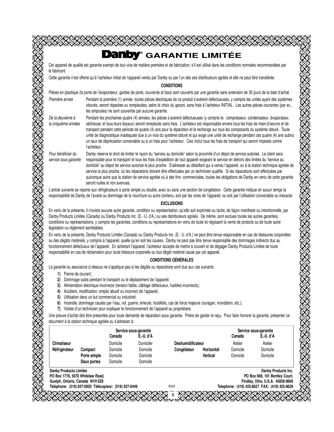 Danby DAR1102W manual Garantie Limitée 