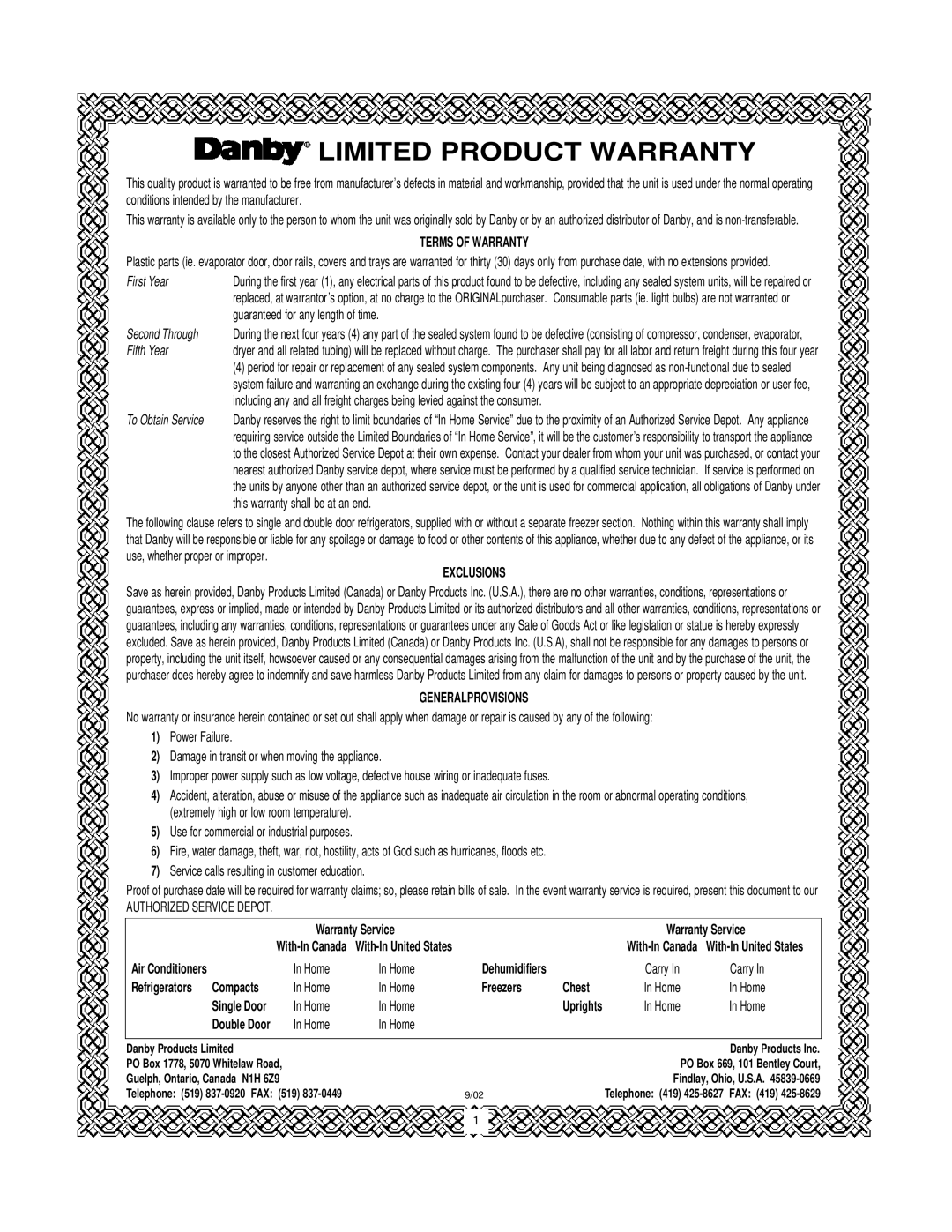 Danby DAR1102W manual Limited Product Warranty 