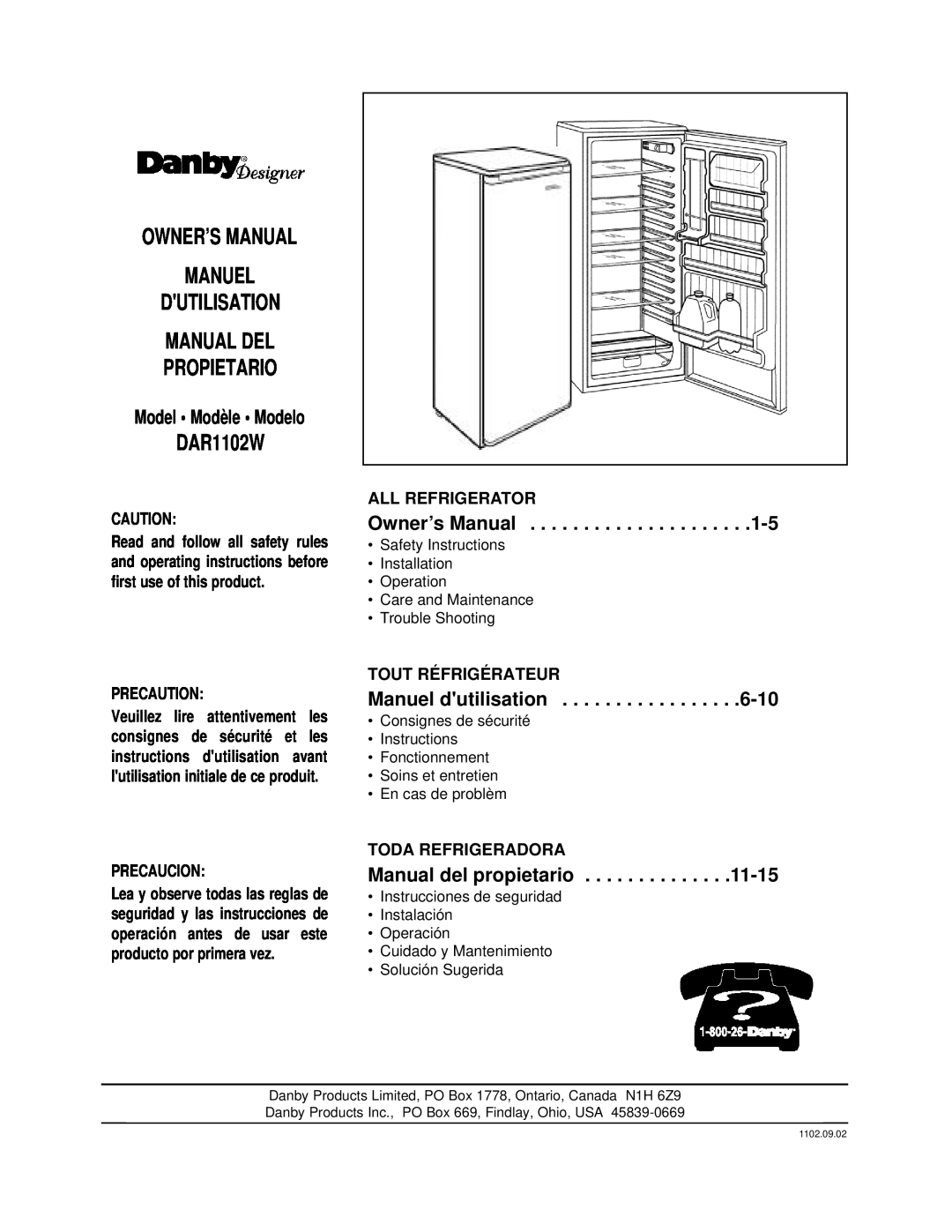 Danby DAR1102W manual Propietario, Model Modèle Modelo, Manual del propietario, Precaution, Precaucion, All Refrigerator 