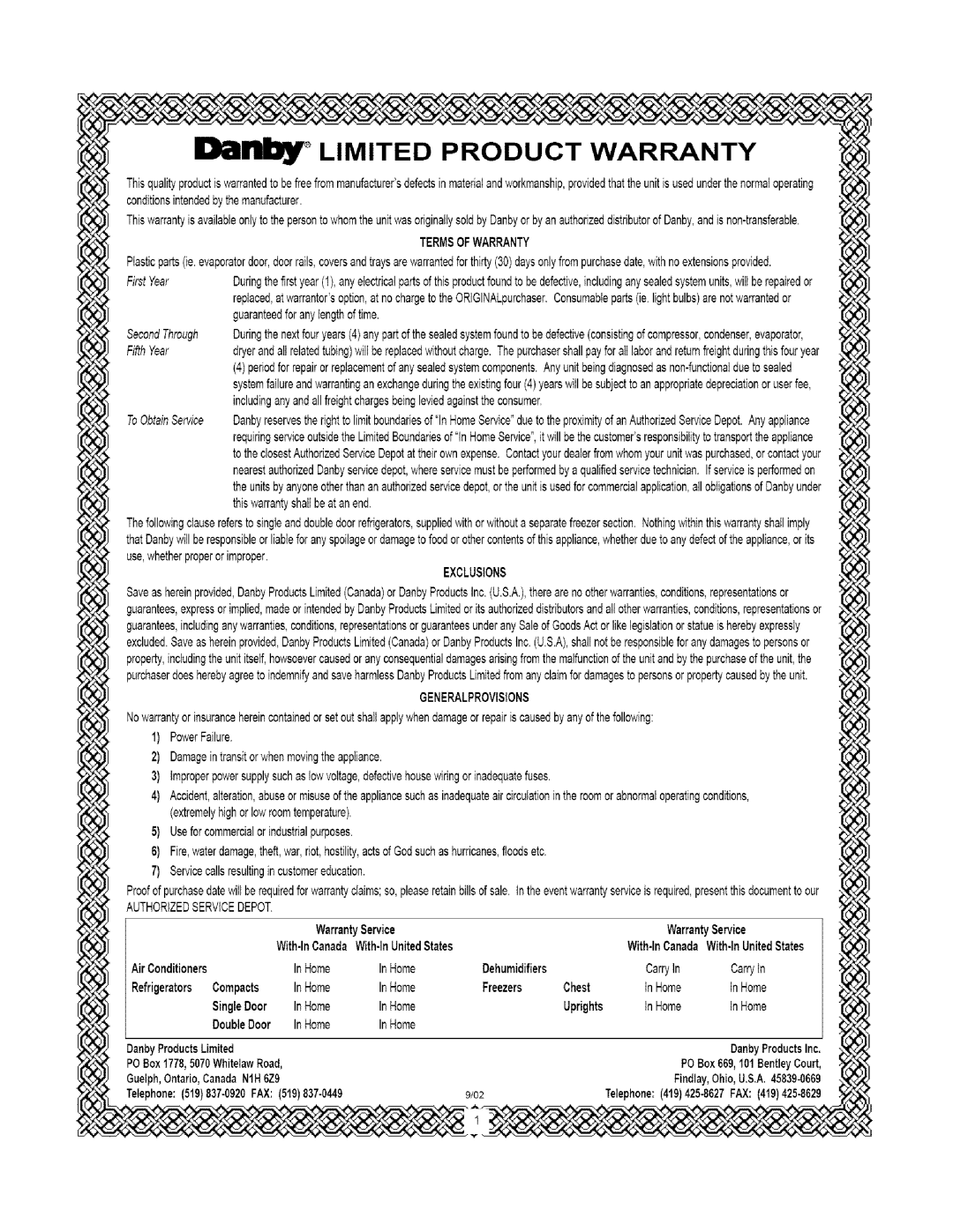 Danby DAR1102W manual Oanby LIMITED PRODUCT WARRANTY 