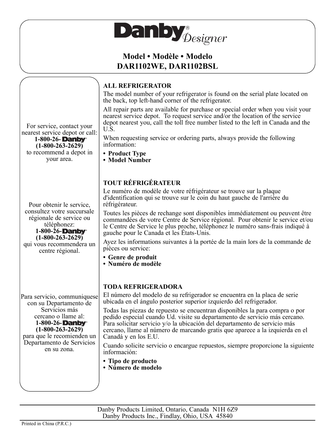 Danby DAR1102WE installation instructions ALL Refrigerator, Tout Réfrigérateur, Toda Refrigeradora 