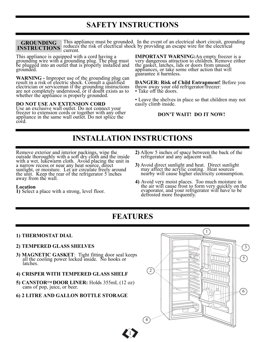 Danby DAR1102WE installation instructions Safety Instructions, Installation Instructions, Features, Grounding 