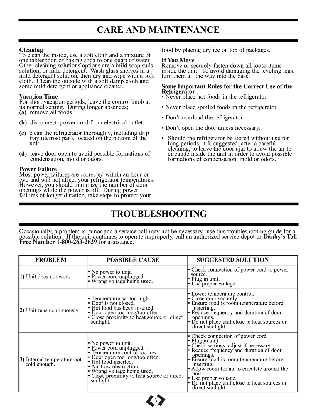 Danby DAR1102WE installation instructions Care and Maintenance, Troubleshooting, Problem Possible Cause Suggested Solution 