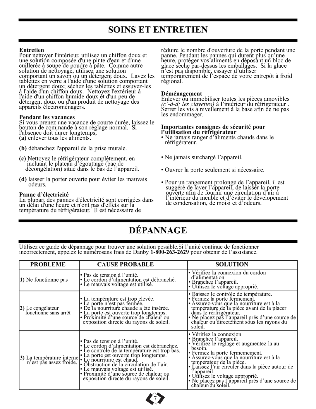 Danby DAR1102WE installation instructions Soins ET Entretien, Dépannage, Probleme Cause Probable Solution 