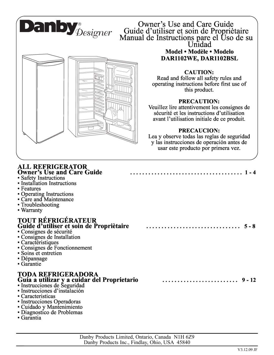 Danby DAR1102WE installation instructions All Refrigerator, Tout Réfrigérateur, Toda Refrigeradora, Precaution, Precaucion 
