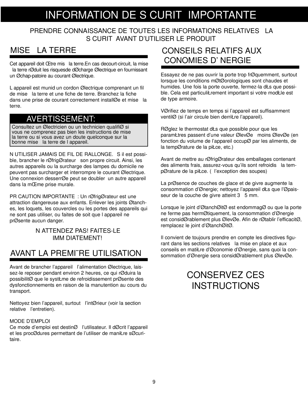 Danby DAR125SLDD manual Information DE Sécurité Importante, Mise À LA Terre, Conseils Relatifs AUX Économies Dénergie 