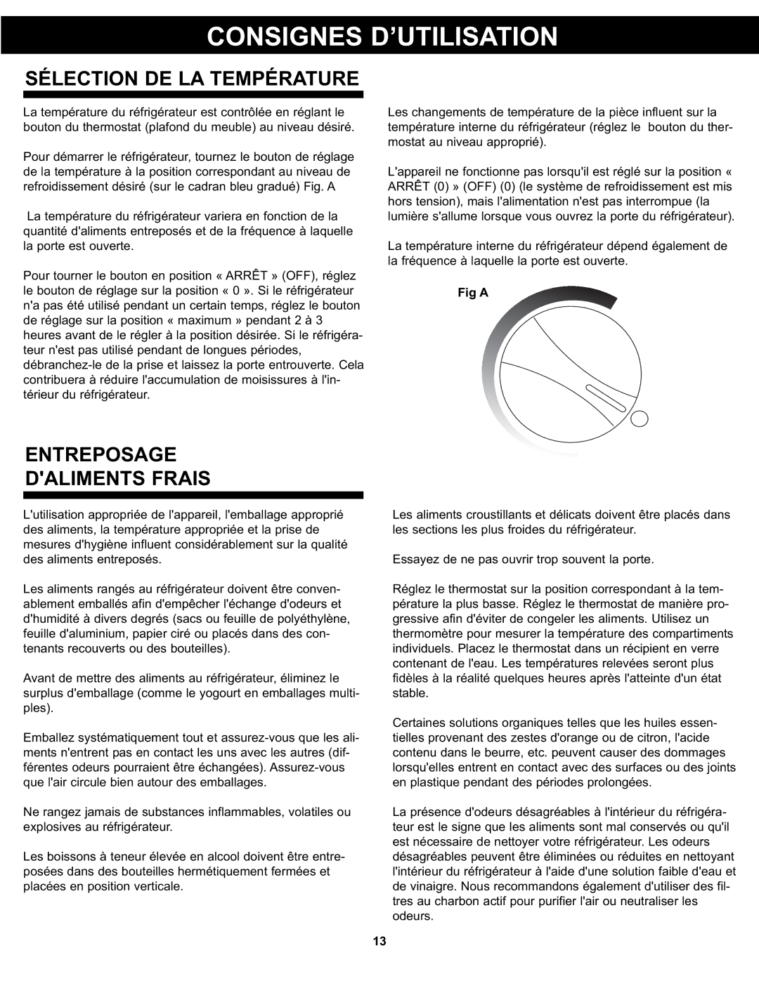 Danby DAR125SLDD manual Consignes D’UTILISATION, Sélection DE LA Température, Entreposage Daliments Frais 