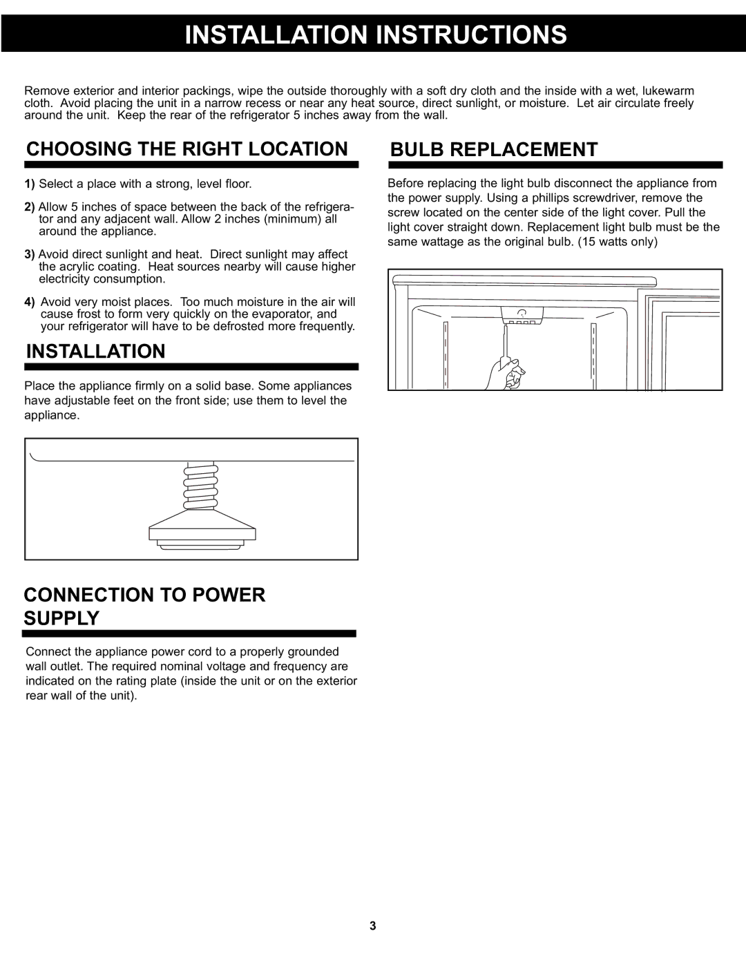 Danby DAR125SLDD Installation Instructions, Choosing the Right Location, Connection to Power Supply, Bulb Replacement 