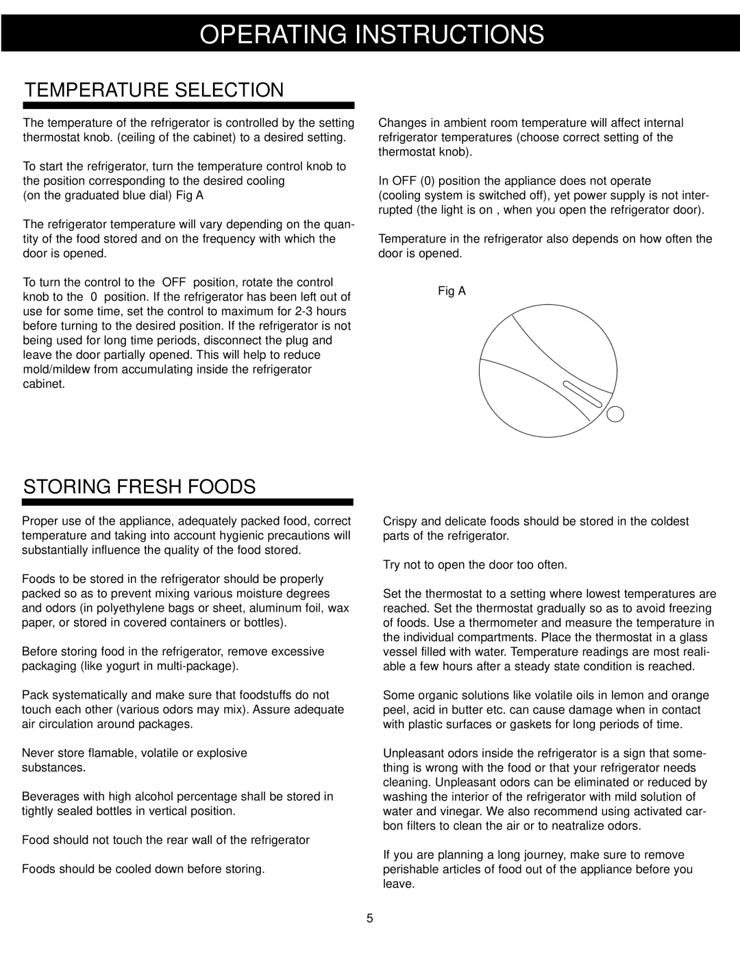 Danby DAR125SLDD manual Operating Instructions, Temperature Selection, Storing Fresh Foods, Fig a 