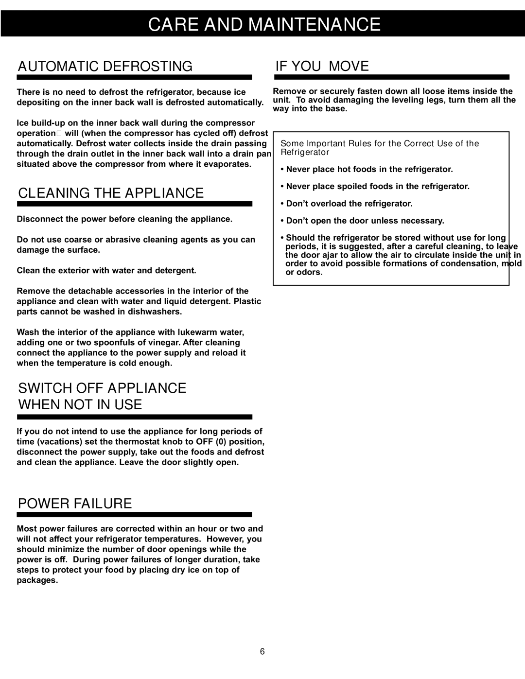 Danby DAR125SLDD manual Care and Maintenance, Automatic Defrosting If YOU Move, Cleaning the Appliance, Power Failure 