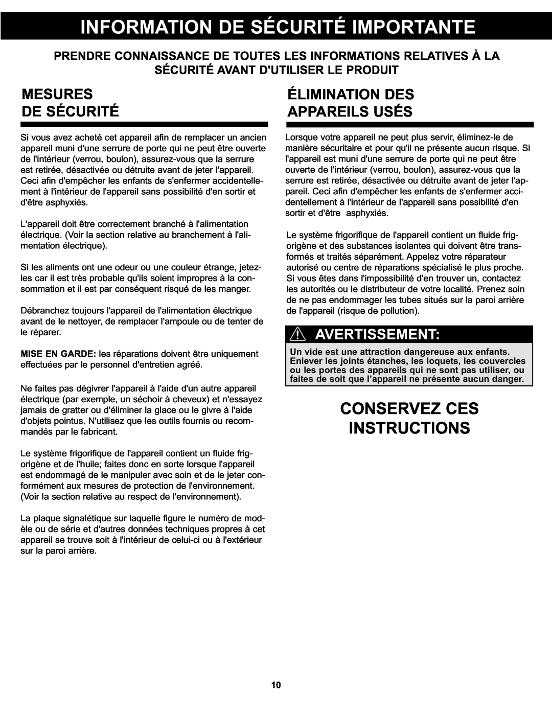 Danby DAR125SLDD manual Mesures, Élimination Des, Appareils Usés, Information De Sécurité Importante, Avertissement 
