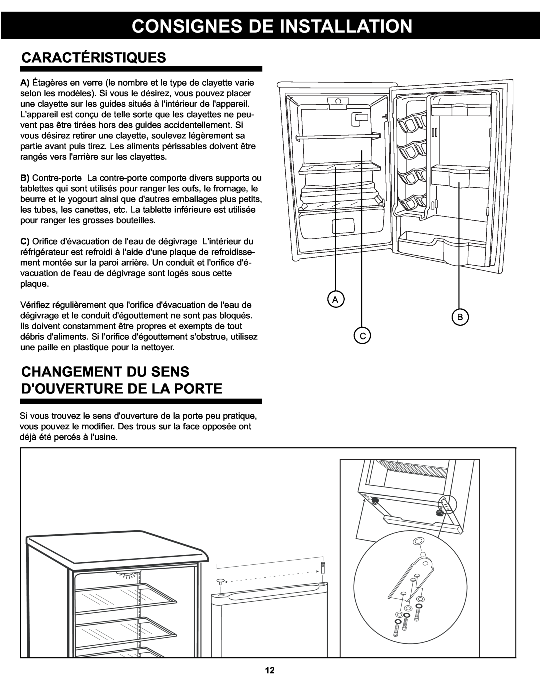 Danby DAR125SLDD manual Caractéristiques, Changement Du Sens Douverture De La Porte, Consignes De Installation 