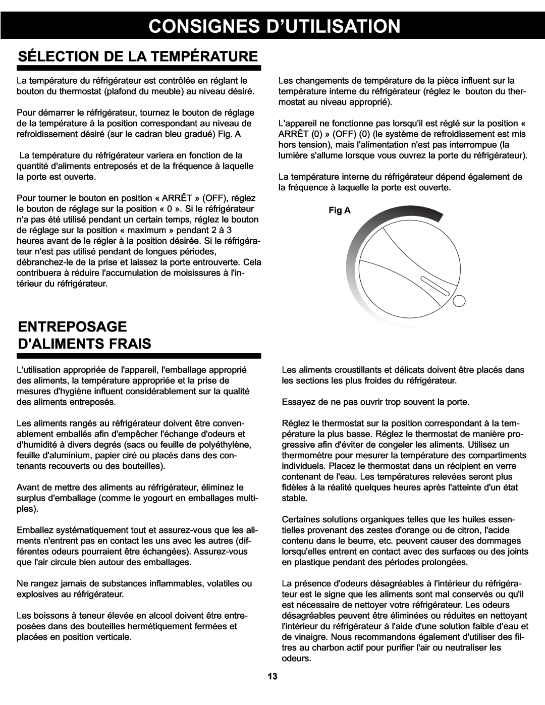 Danby DAR125SLDD manual Consignes D’Utilisation, Sélection De La Température, Entreposage Daliments Frais, Fig A 