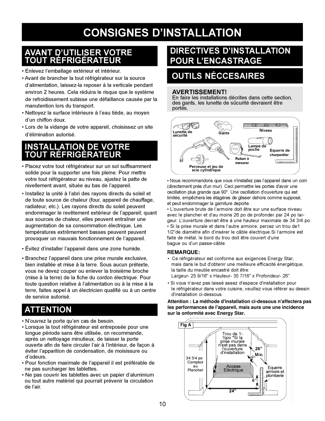 Danby DAR154BLSST manual Consignes D’INSTALLATION, Avant D’UTILISER Votre Tout Réfrigérateur 