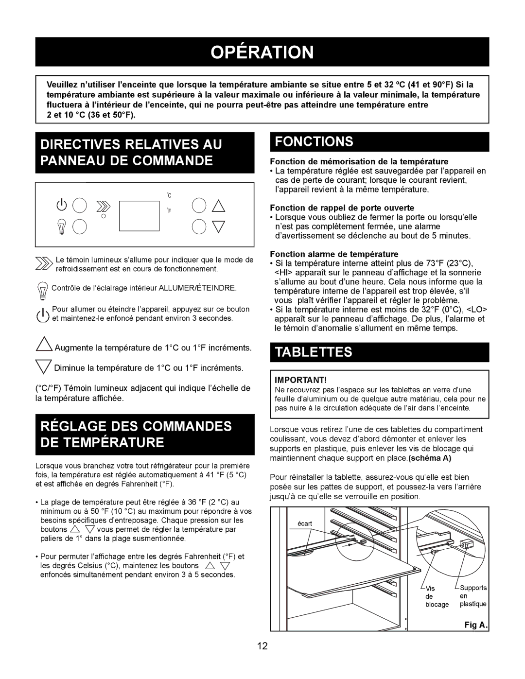 Danby DAR154BLSST Opération, Directives Relatives AU Panneau DE Commande, Réglage DES Commandes DE Température, Fonctions 