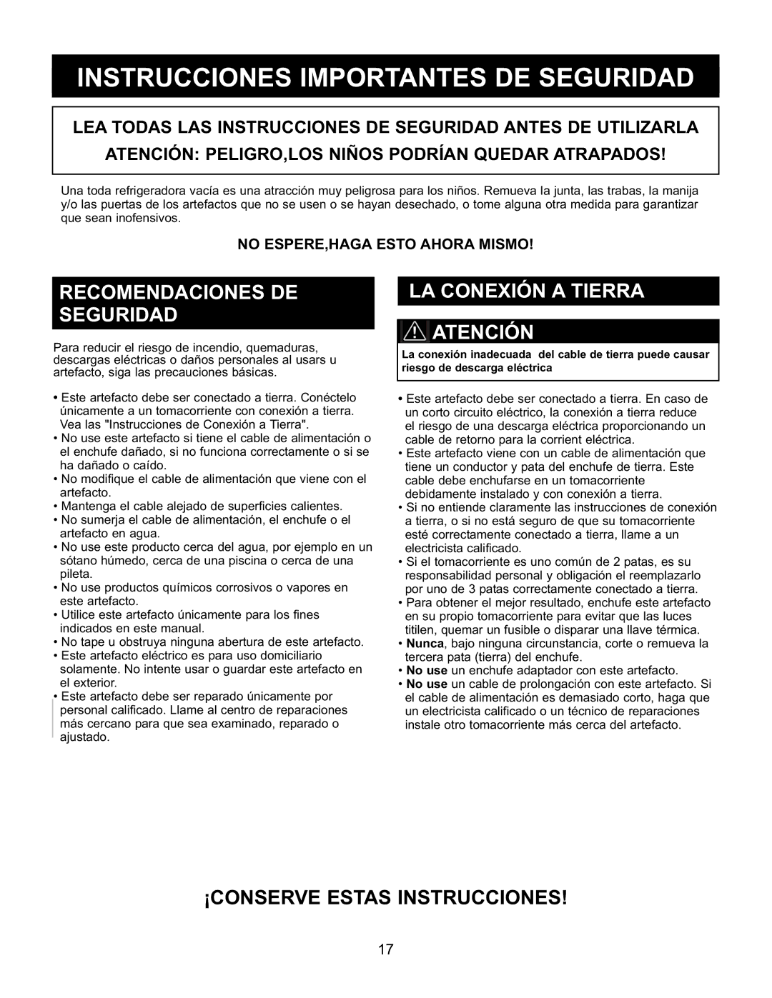 Danby DAR154BLSST Instrucciones Importantes DE Seguridad, Recomendaciones DE Seguridad, LA Conexión a Tierra Atención 