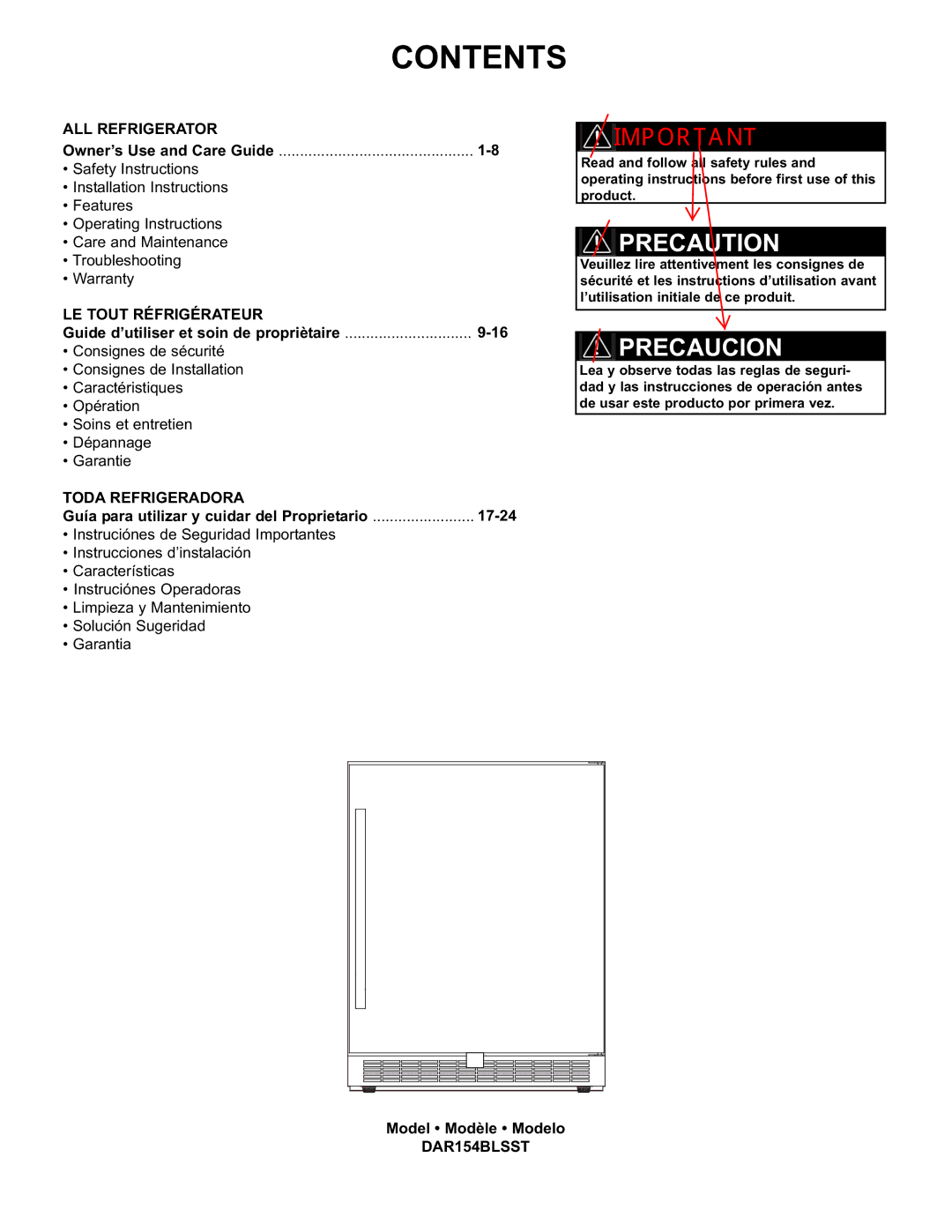 Danby DAR154BLSST manual Contents 