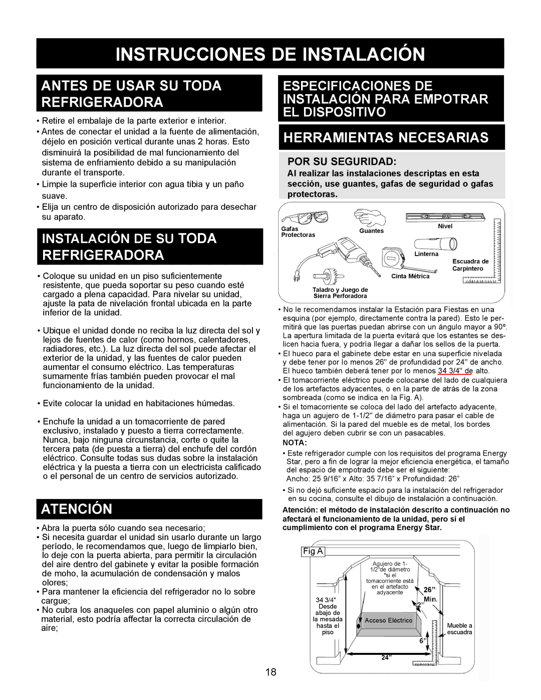 Danby DAR154BLSST manual Instrucciones DE Instalación, Antes DE Usar SU Toda Refrigeradora, Herramientas Necesarias 