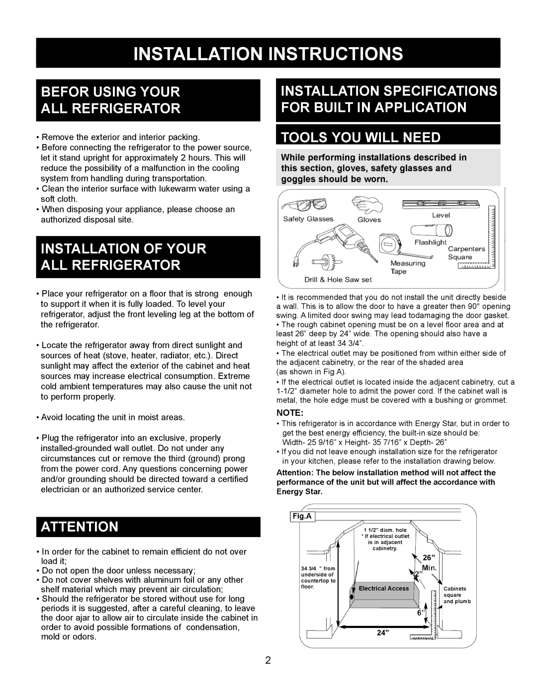 Danby DAR154BLSST Installation Instructions, Befor Using Your ALL Refrigerator, Installation of Your ALL Refrigerator 