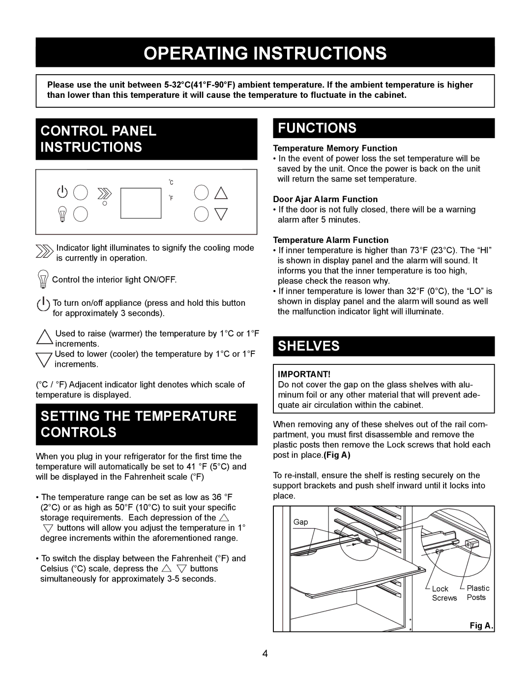 Danby DAR154BLSST Operating Instructions, Control Panel Instructions, Setting the Temperature Controls, Functions, Shelves 