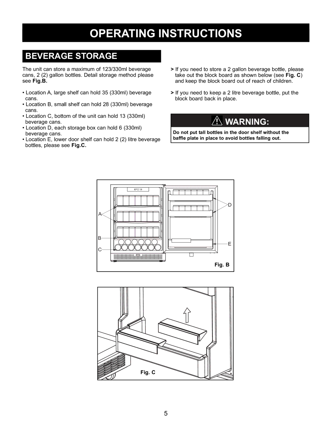 Danby DAR154BLSST manual Beverage Storage, Fig. C 