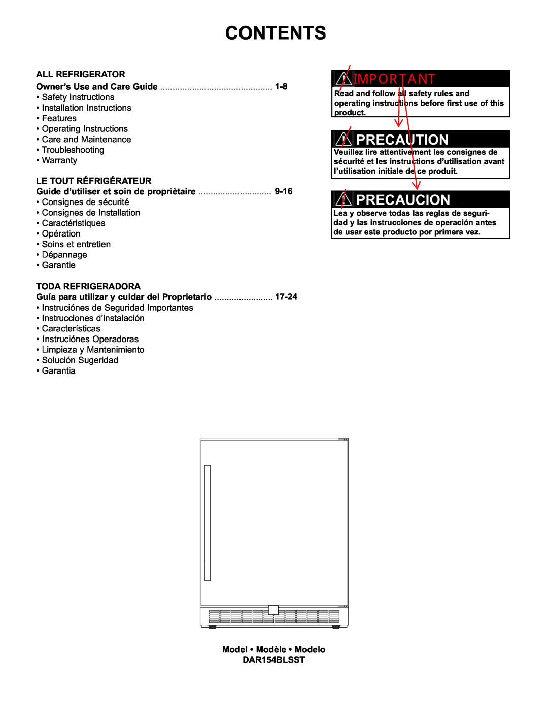 Danby DAR154BLSST manual Precaution, Precaucion, All Refrigerator, Le Tout Réfrigérateur, 9-16, Toda Refrigeradora, 17-24 