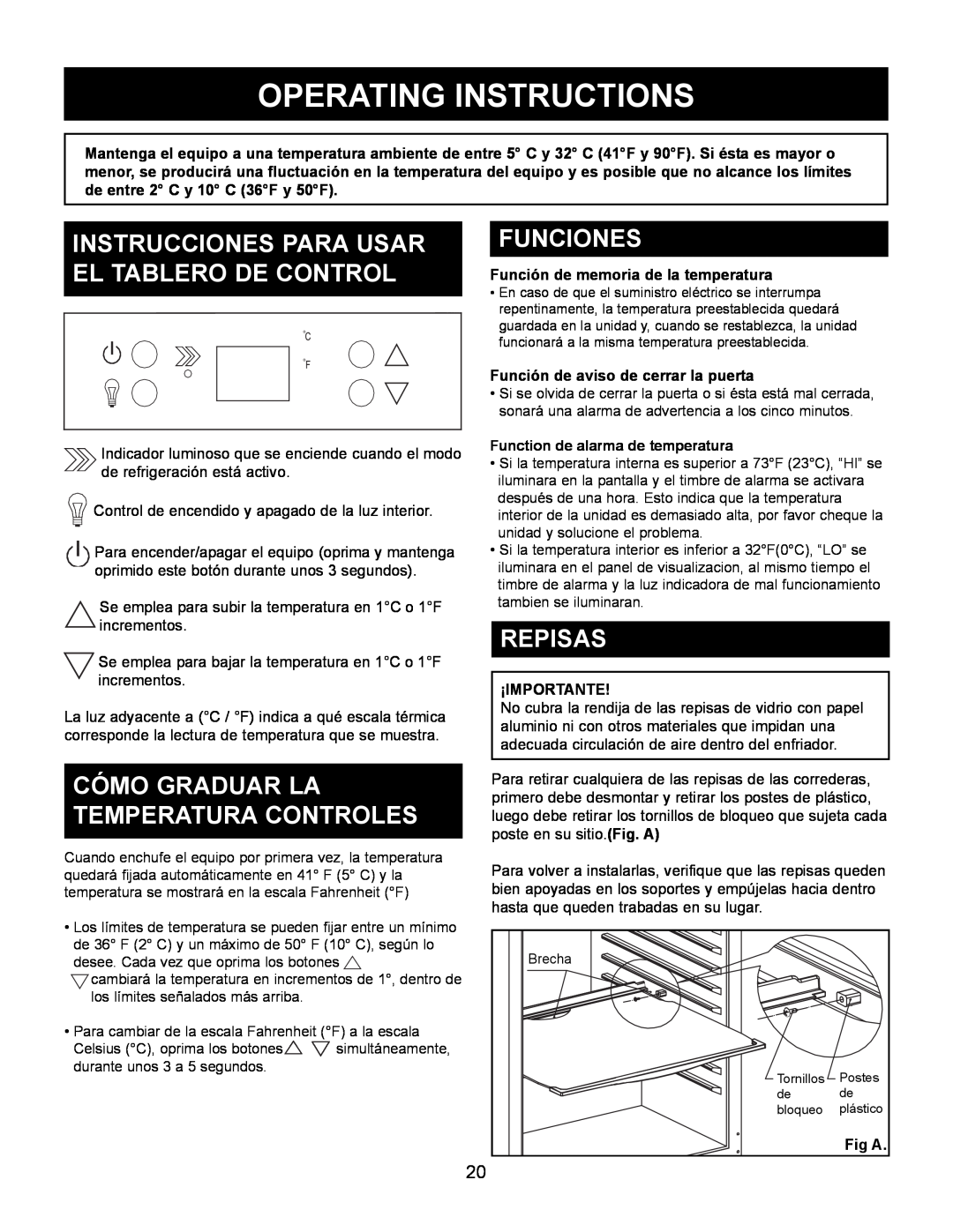 Danby DAR154BLSST Instrucciones Para Usar El Tablero De Control, Cómo Graduar La Temperatura Controles, Funciones, Repisas 