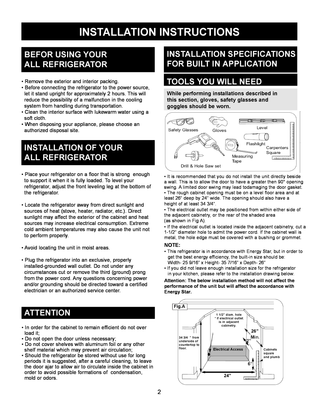Danby DAR154BLSST Installation Instructions, Befor Using Your All Refrigerator, Installation Of Your All Refrigerator 