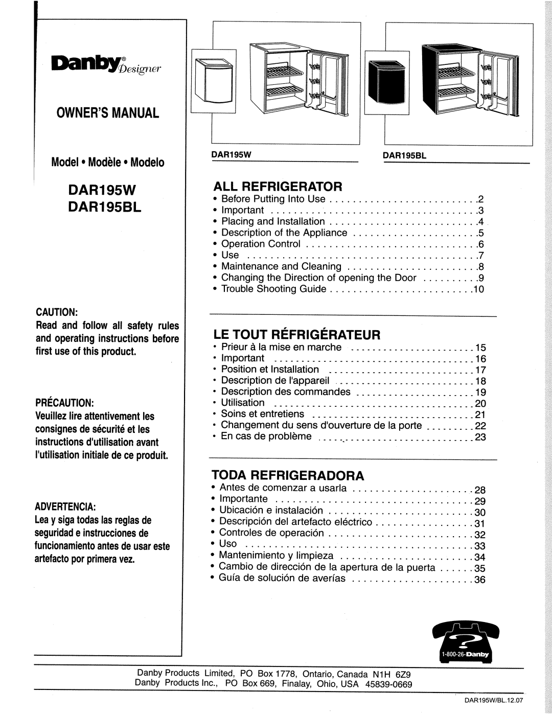 Danby DAR195W, DAR195BL manual 