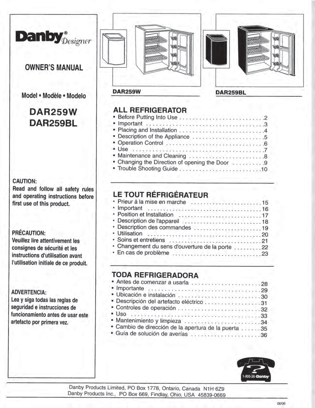 Danby DAR259BL, DAR259W manual 