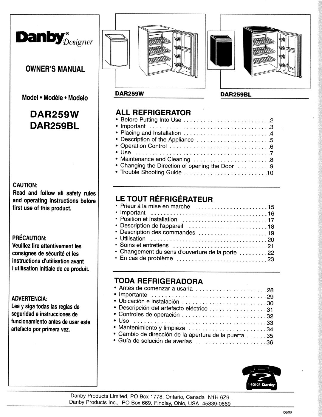 Danby DAR259BL, DAR259W manual 