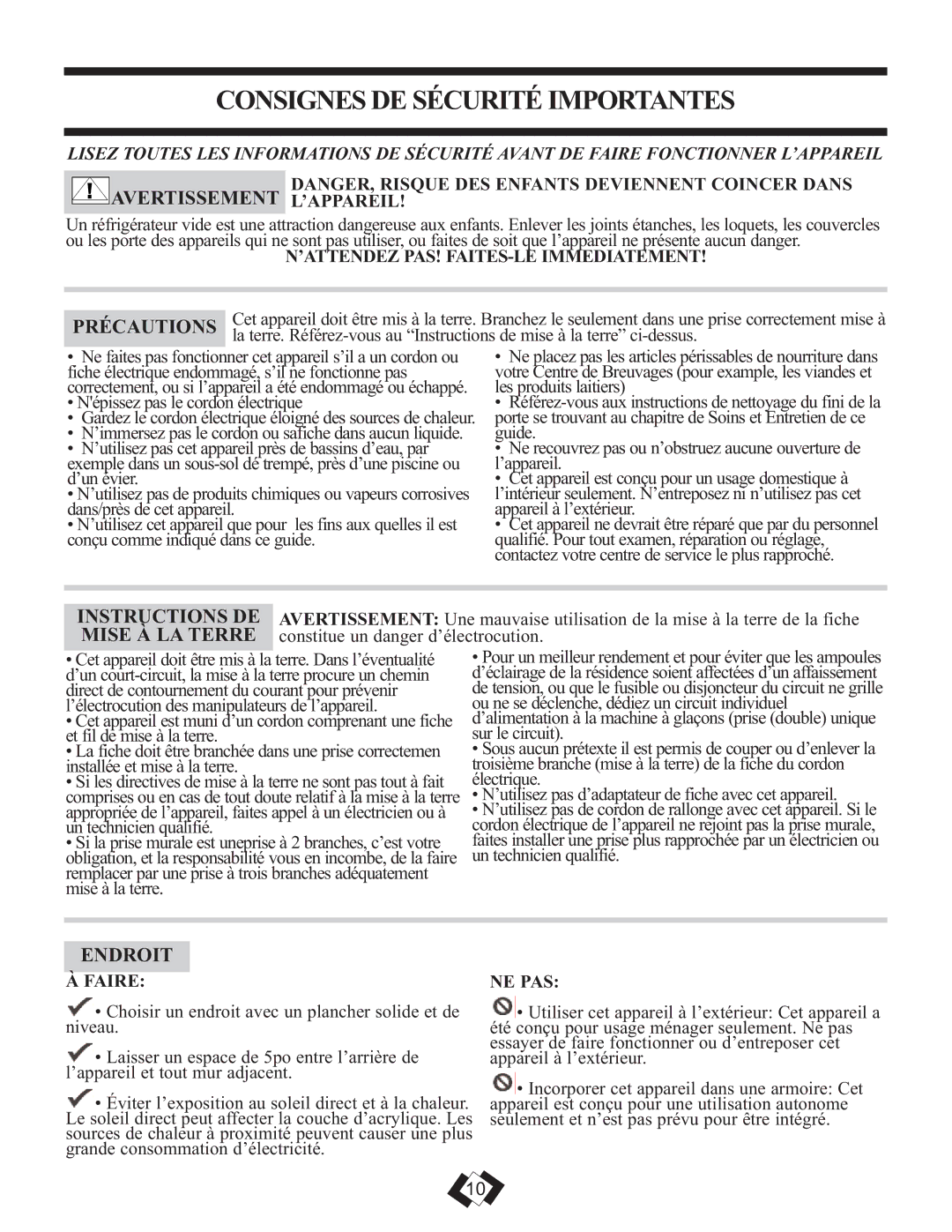 Danby DBC120BLS warranty Consignesde Sécurité Importantes, Précautions, Instructions DE, Mise À LA Terre, Endroit 