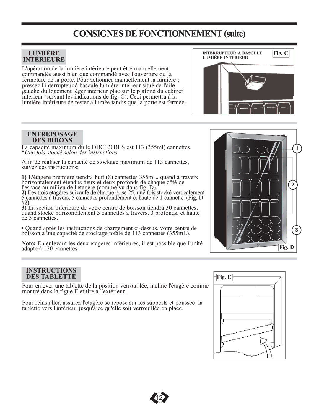 Danby DBC120BLS warranty Lumière Intérieure, Entreposage DES Bidons, Instructions DES Tablette 