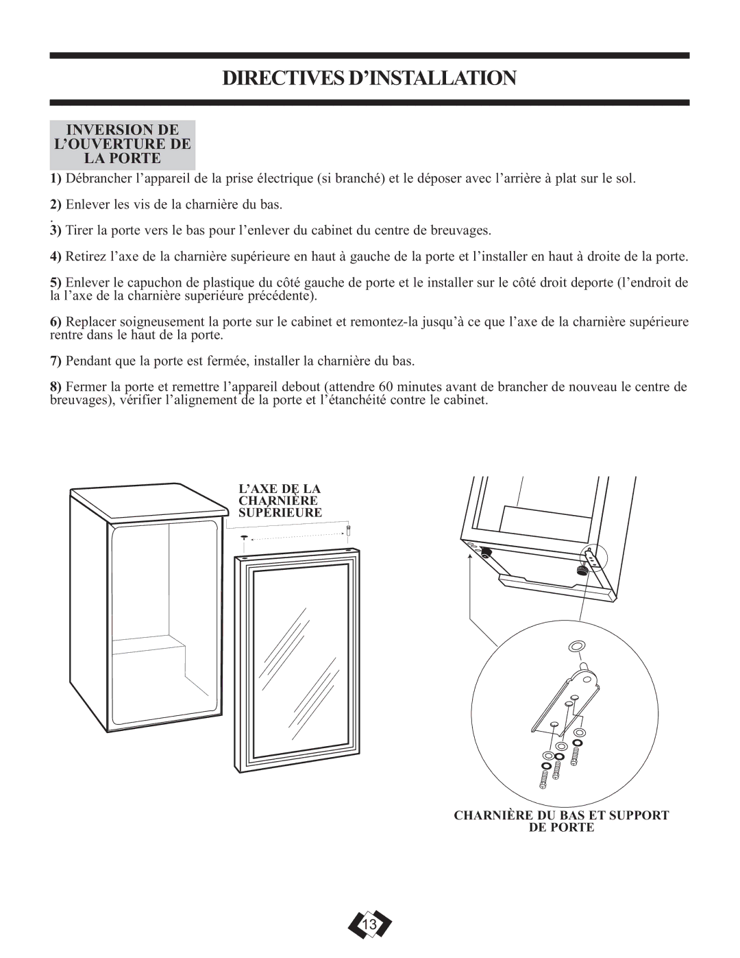 Danby DBC120BLS warranty Directives D’INSTALLATION, Inversion DE ’OUVERTURE DE LA Porte 