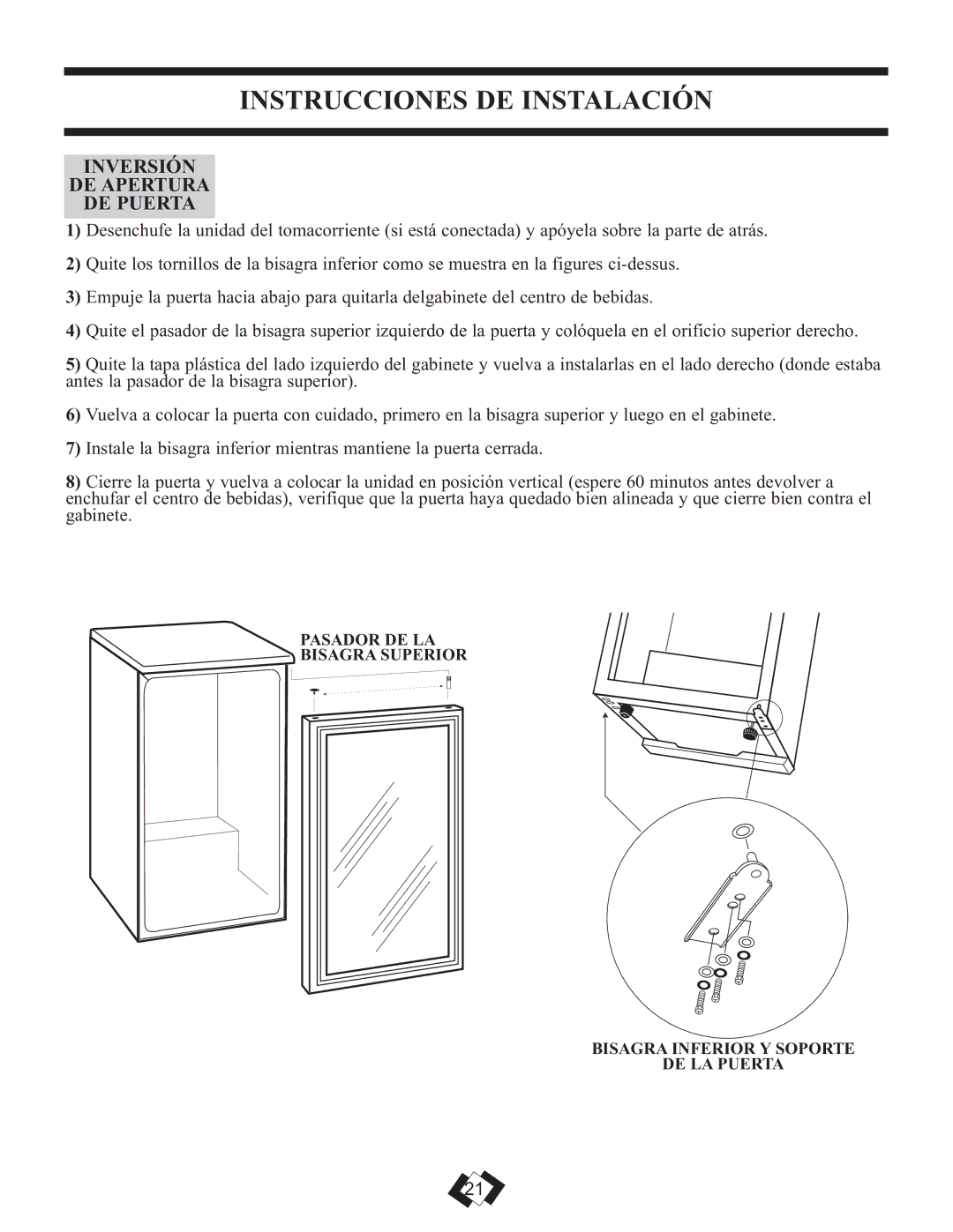 Danby DBC120BLS warranty Instrucciones DE Instalación, Inversión DE Apertura DE Puerta 