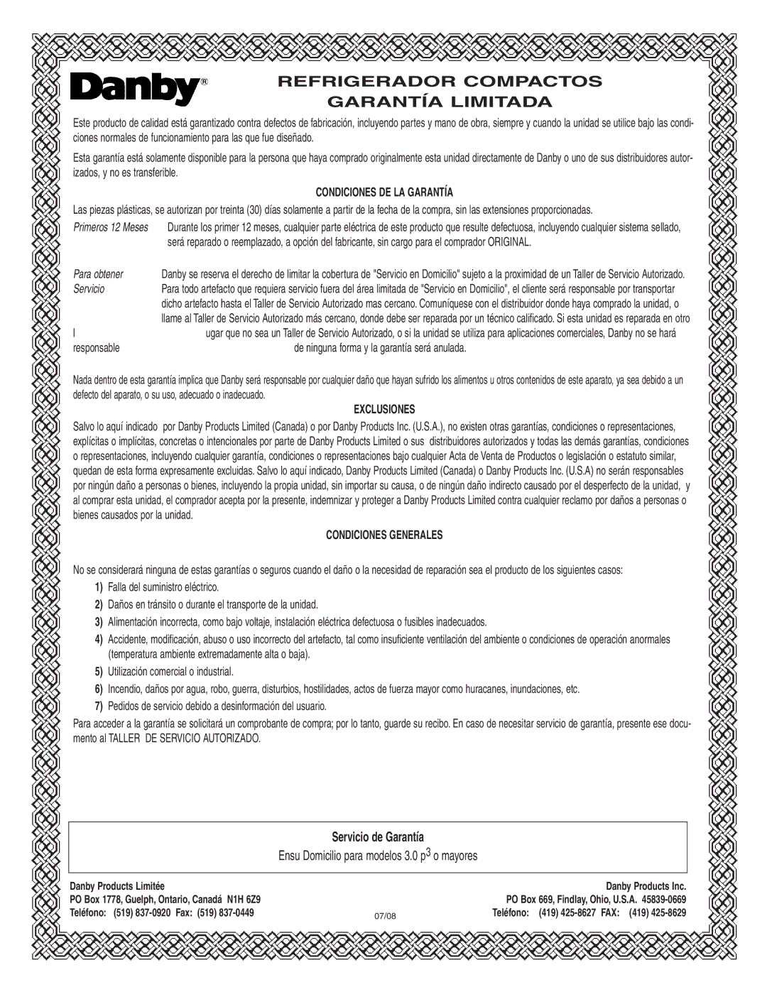 Danby DBC120BLS warranty Refrigerador Compactos Garantía Limitada 