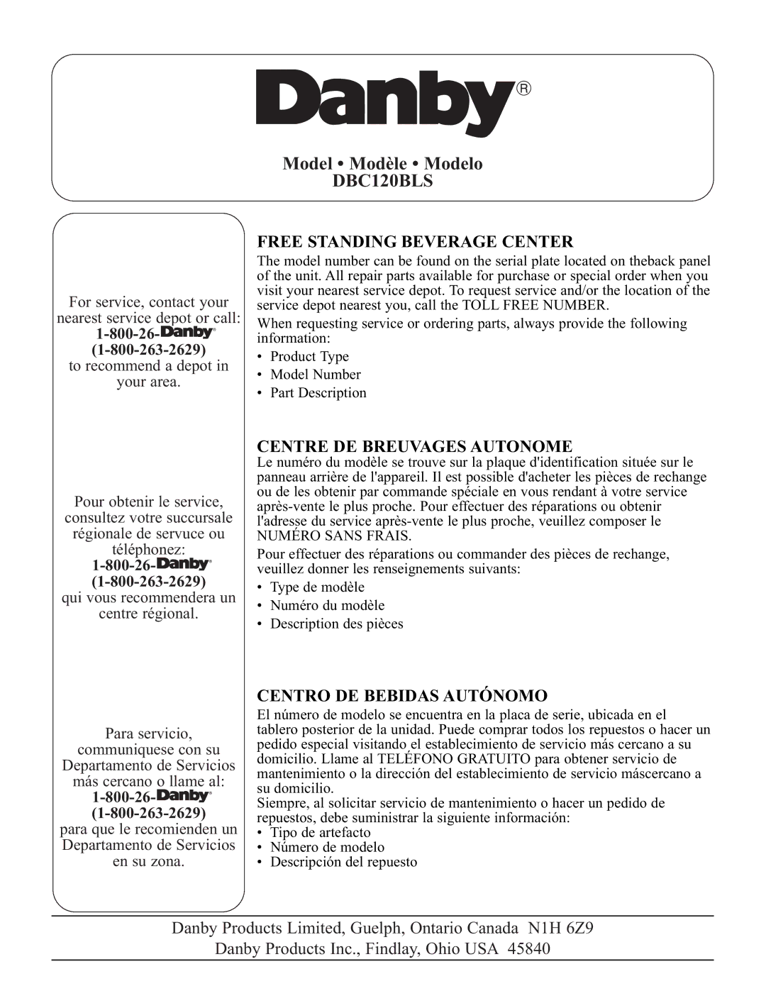 Danby DBC120BLS warranty 