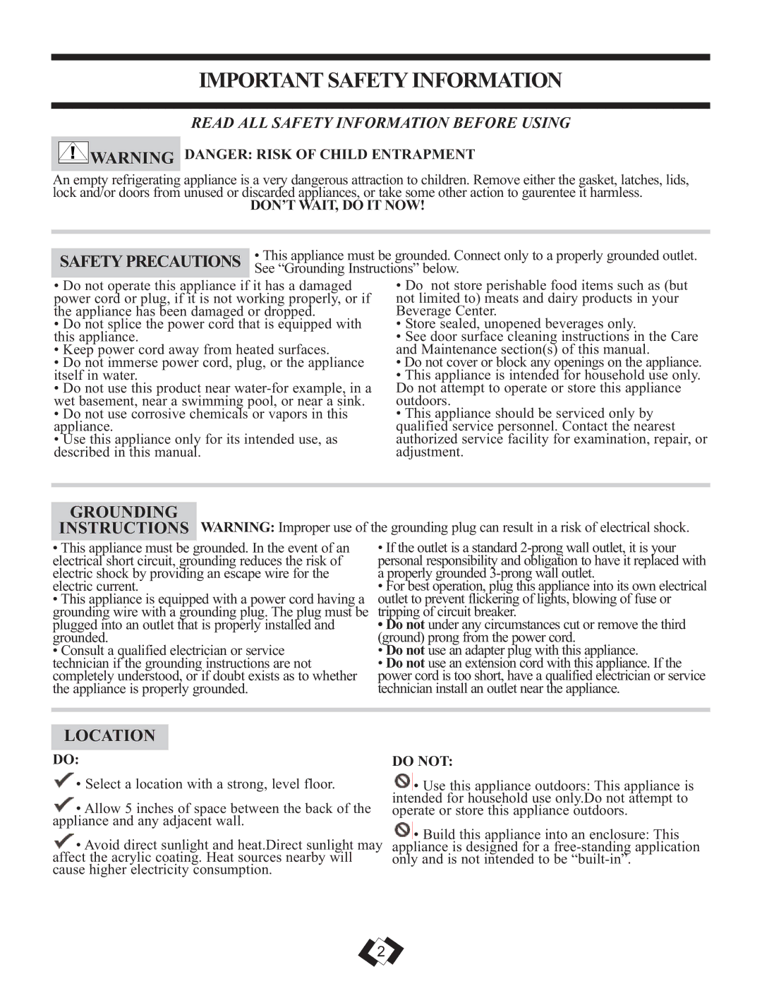 Danby DBC120BLS warranty Important Safety Information, Safety Precautions, Grounding, Location 