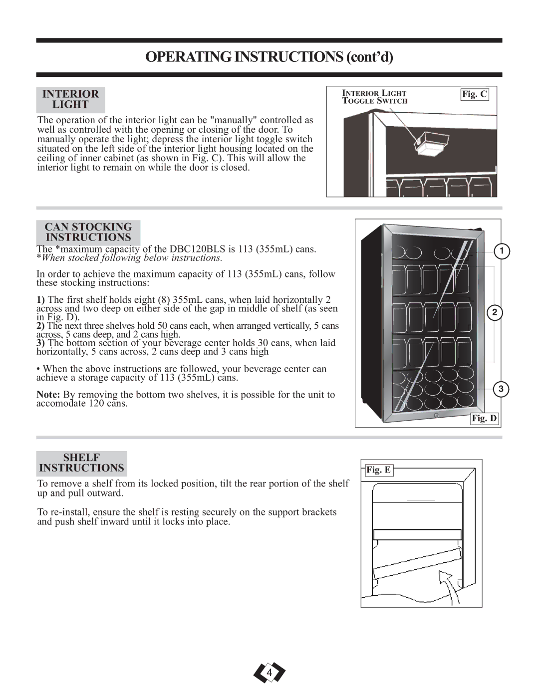 Danby DBC120BLS warranty Interior Light, Can Stocking Instructions, Shelf Instructions 